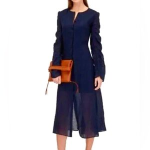 NWT CHLOÉ Ink Navy Ramie Midi Shirt Dress Long Ruched Sleeves 8 MSRP $2250